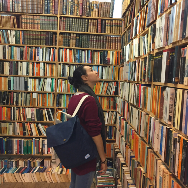 Elena in a bookshop